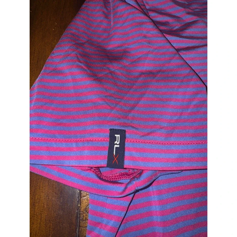 RLX Ralph Lauren Performance Large Polo Shirt Pink‎ Blue Stripped Golf Stretch